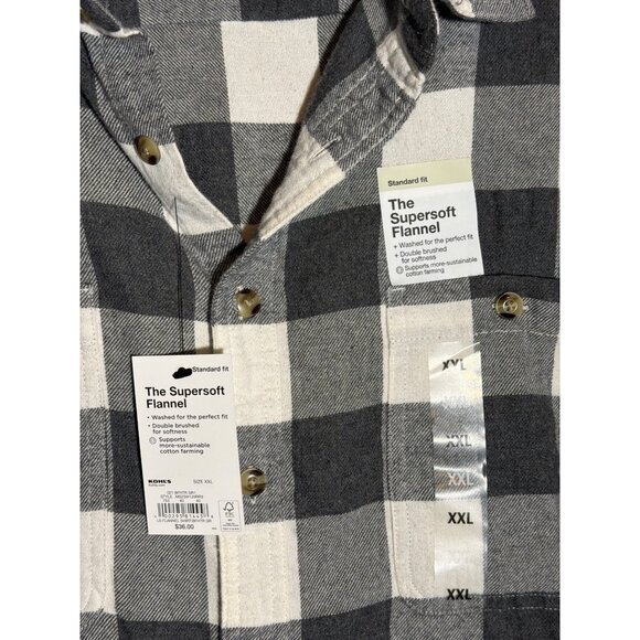 Sonoma Mens Supersoft Flannel Shirt XXL Standard Fit Black/White Plaid - Picture 4 of 6